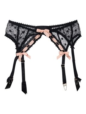 Agent Provocateur Black Lace Garter Belt Pink Bow Mesh Size M